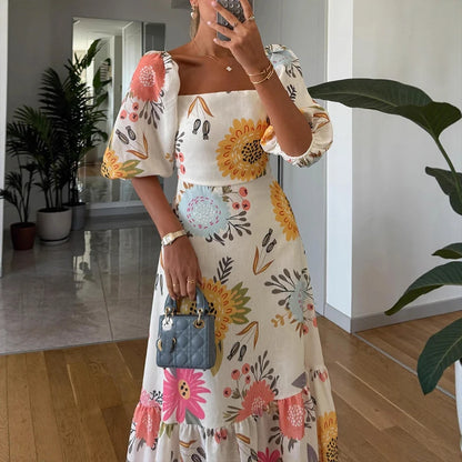 Square Neck Puff Sleeve A-Line Midi Dress | Wovetsa