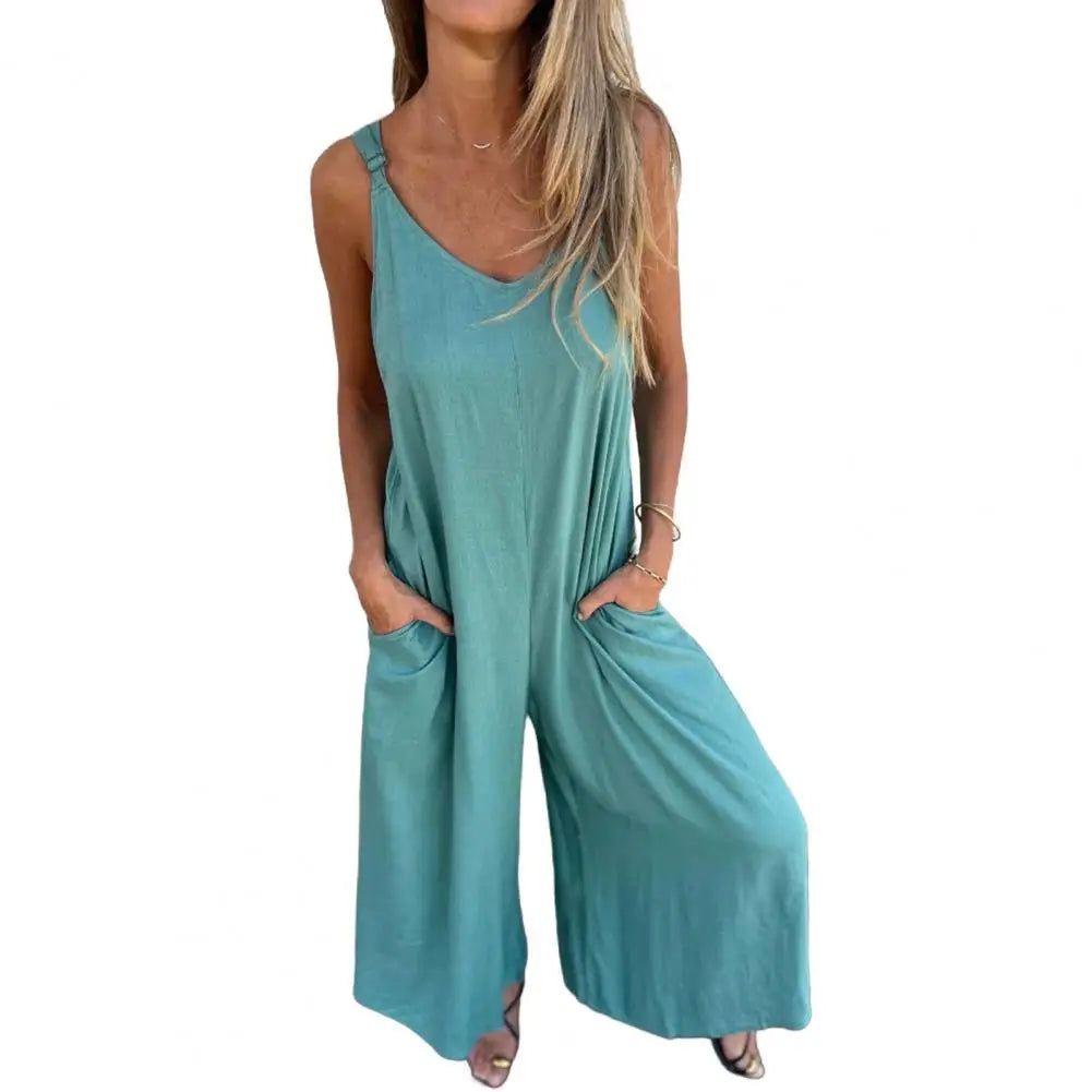 V-Neck Sleeveless Wide-Leg Jumpsuit | Wovetsa