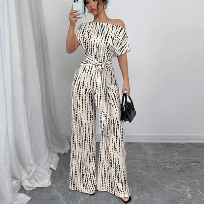 Printed Short-Sleeve Wide-Leg Jumpsuit | Wovetsa
