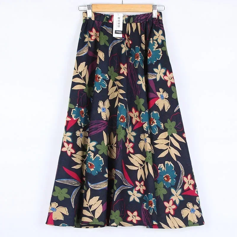 Bohemian Floral Print Cotton Linen Maxi Skirt | Wovetsa