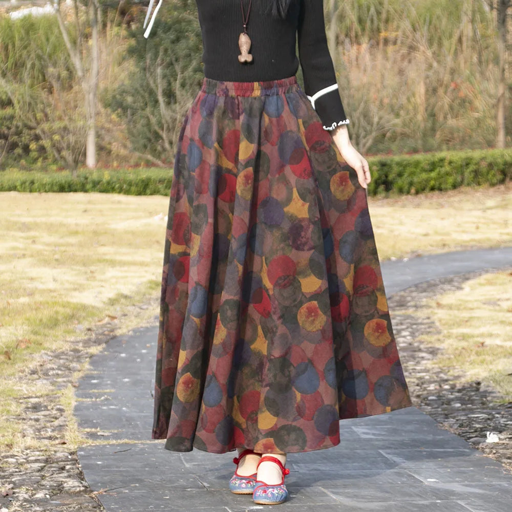 Bohemian Floral Print Cotton Linen Maxi Skirt | Wovetsa