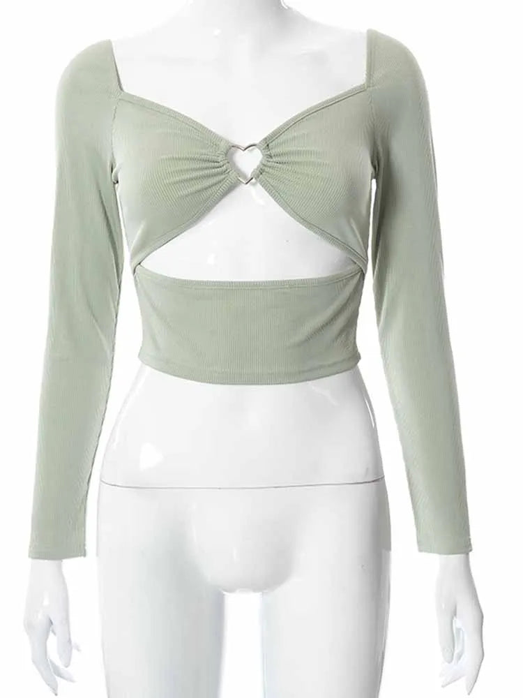 Hollow-Out V-Neck Long Sleeve Crop Top | Wovetsa