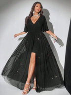 Plus Size Deep V-Neck Petal Sleeve A-Line Evening Dress | Wovetsa