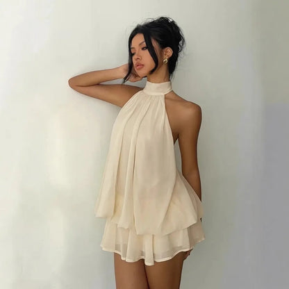 Halter Neck Backless Tie-Front Mini Dress | Wovetsa