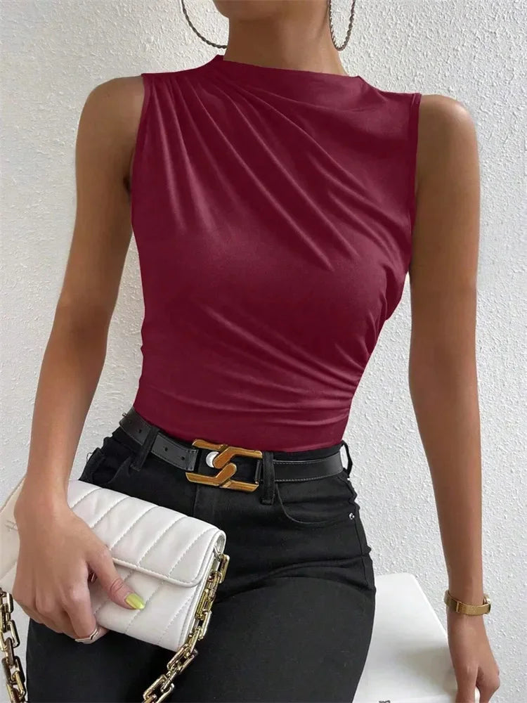 Mock Neck Ruched Sleeveless Tank Top | Wovetsa