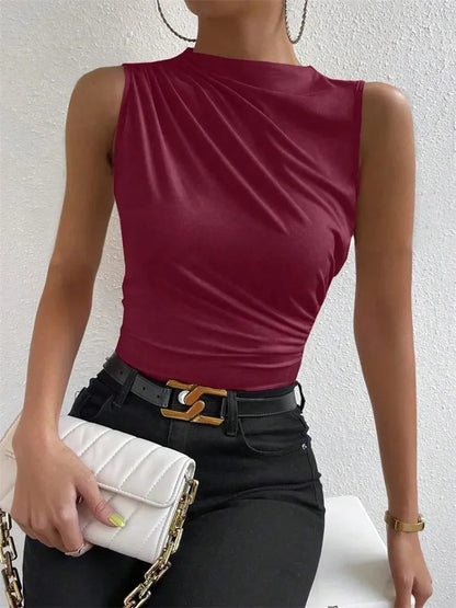 Mock Neck Ruched Sleeveless Tank Top | Wovetsa