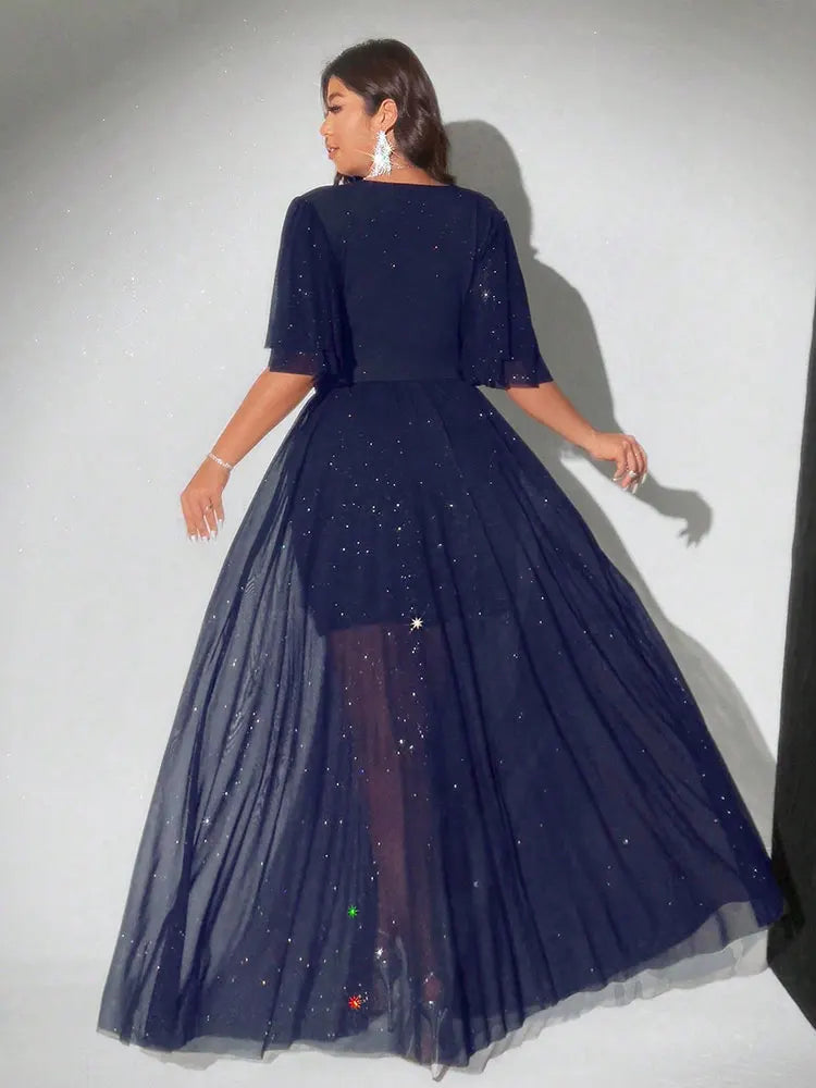 Plus Size Deep V-Neck Petal Sleeve A-Line Evening Dress | Wovetsa