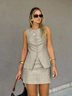 Linen Buttoned Sleeveless Vest & Mini Skirt Two Piece Set | Wovetsa