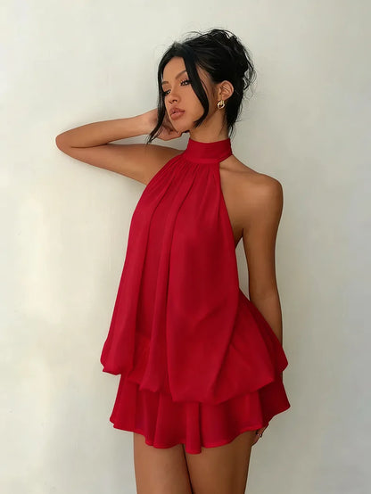 Halter Neck Backless Tie-Front Mini Dress | Wovetsa
