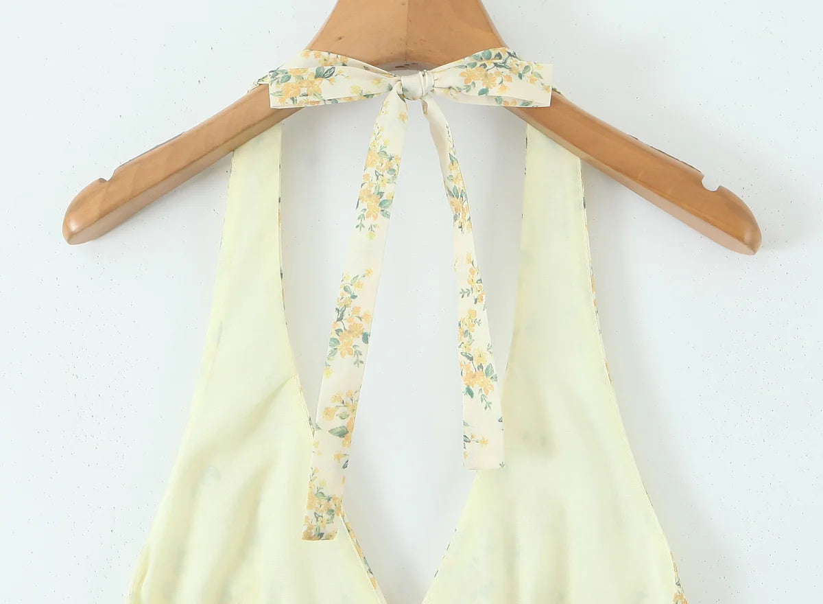 Women's Yellow Floral Halter Mini Dress – Elegant Summer Fit & Flare Style