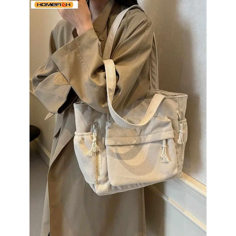 Corduroy Multi-Pocket Shoulder Tote Bag | Wovetsa
