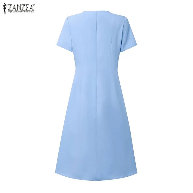 Women's Elegant V Neck A-Line Midi Dress | Short Sleeve Minimal Summer Dress