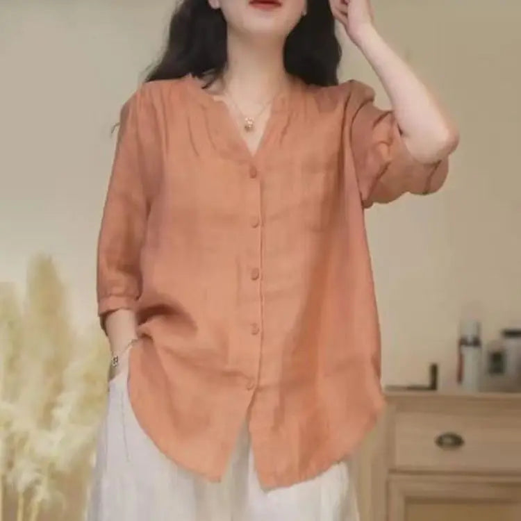 Loose V-Neck Three-Quarter Sleeve Blouse | Wovetsa