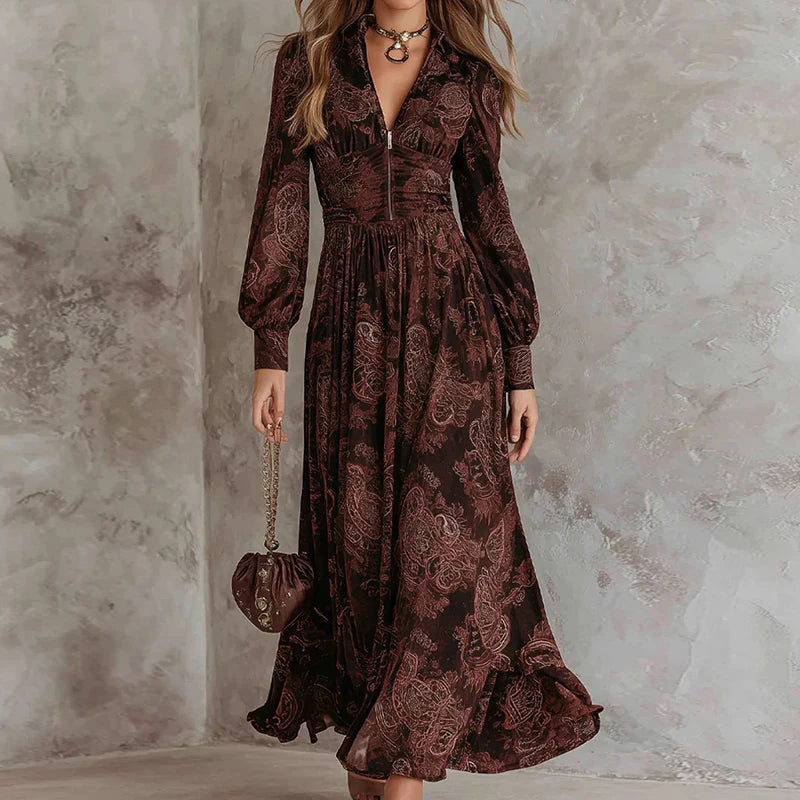 V-Neck Print Long Sleeve Maxi Dress | Wovetsa