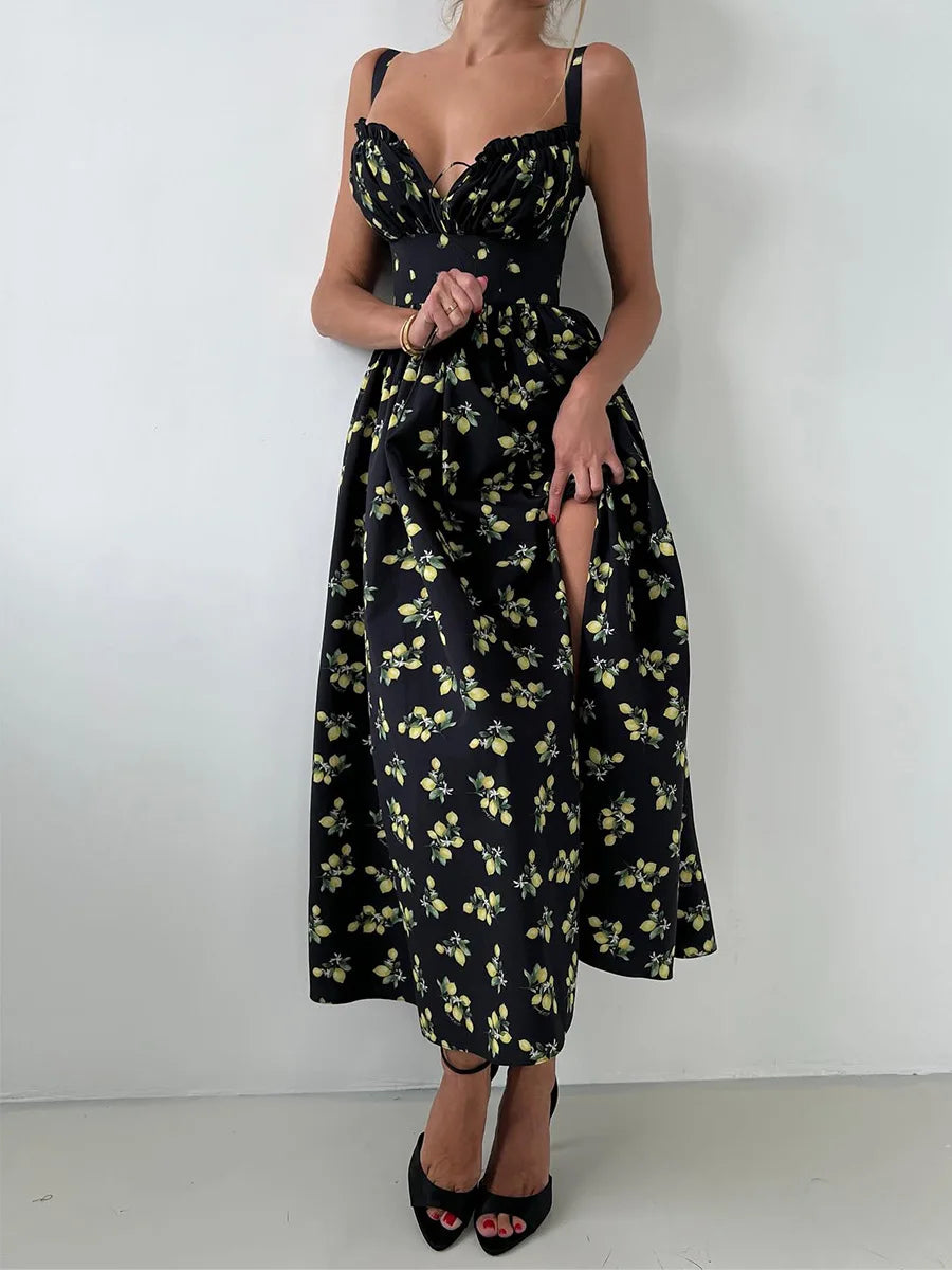 Lemon Print High Waist Slit Cami Maxi Dress | Wovetsa