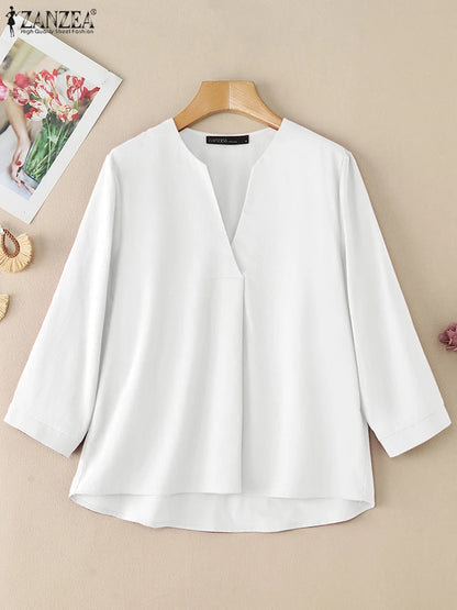 V-Neck 3/4 Sleeve Cotton Blouse | Wovetsa