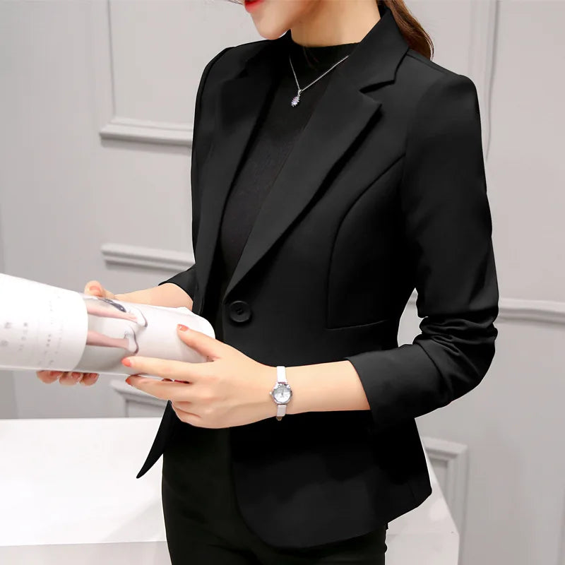 Women Slim One Button Blazers Autumn Spring Female Pocket Long Sleeve Solid Color Korean OL Workwear Business Blazer Coats