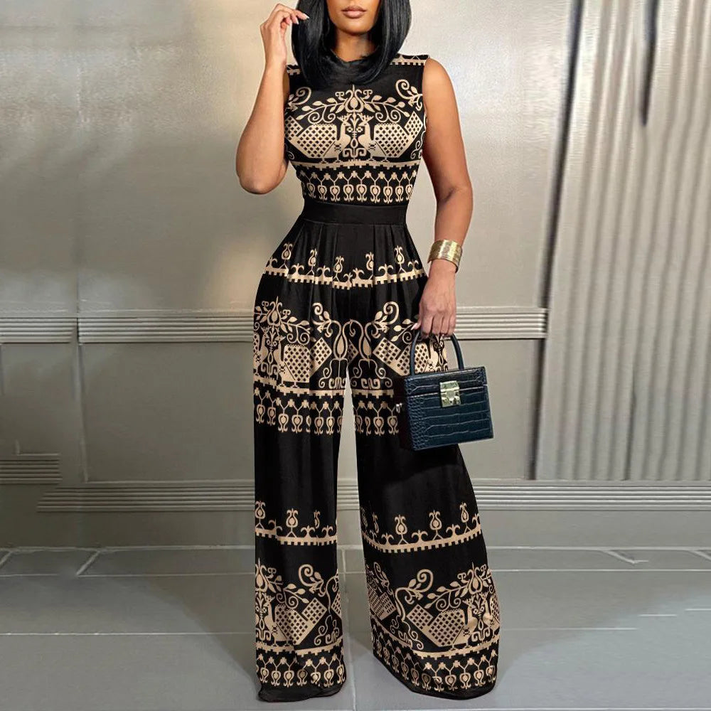 Women's Printed Wide Leg Jumpsuit Sleeveless Summer Casual Vacation One Piece Outfit