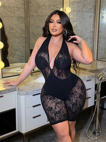 Lace Halter Hollow-Out Mesh Romper | Wovetsa