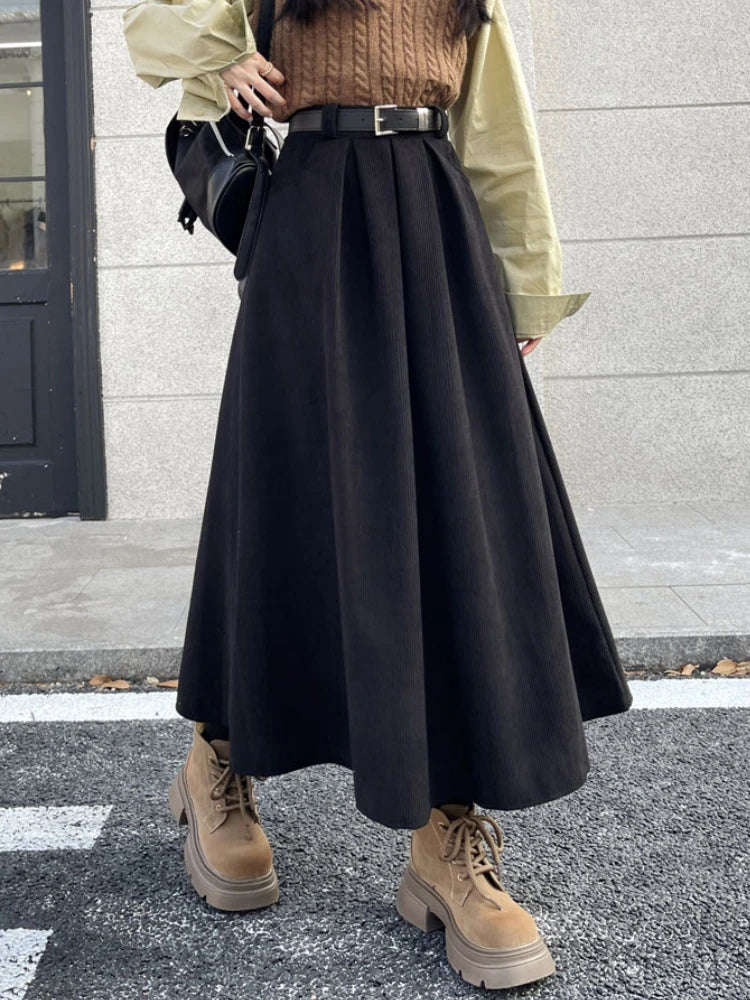 High Waist Corduroy Pleated Midi Skirt with Belt | Wovetsa