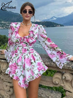 V-Neck Ruffled Print Mini Dress | Wovetsa
