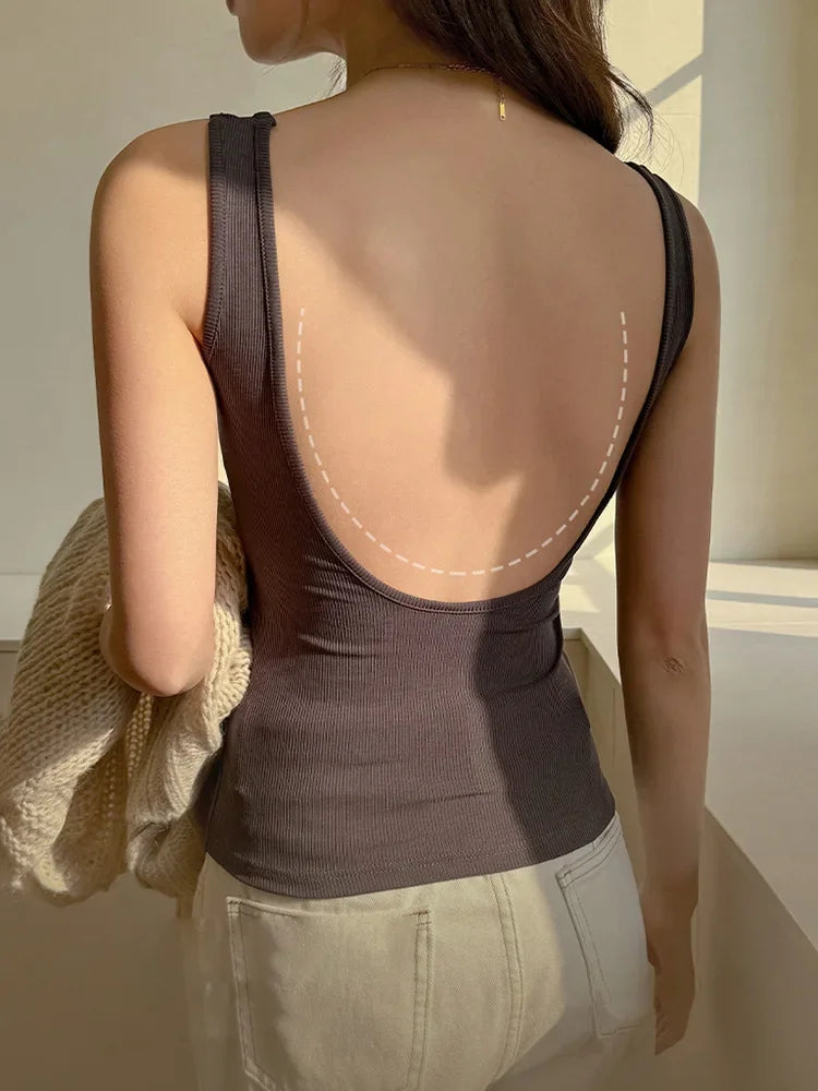 Backless Tank Top with Built-in Bra – Square Neck Camisole | Wovetsa