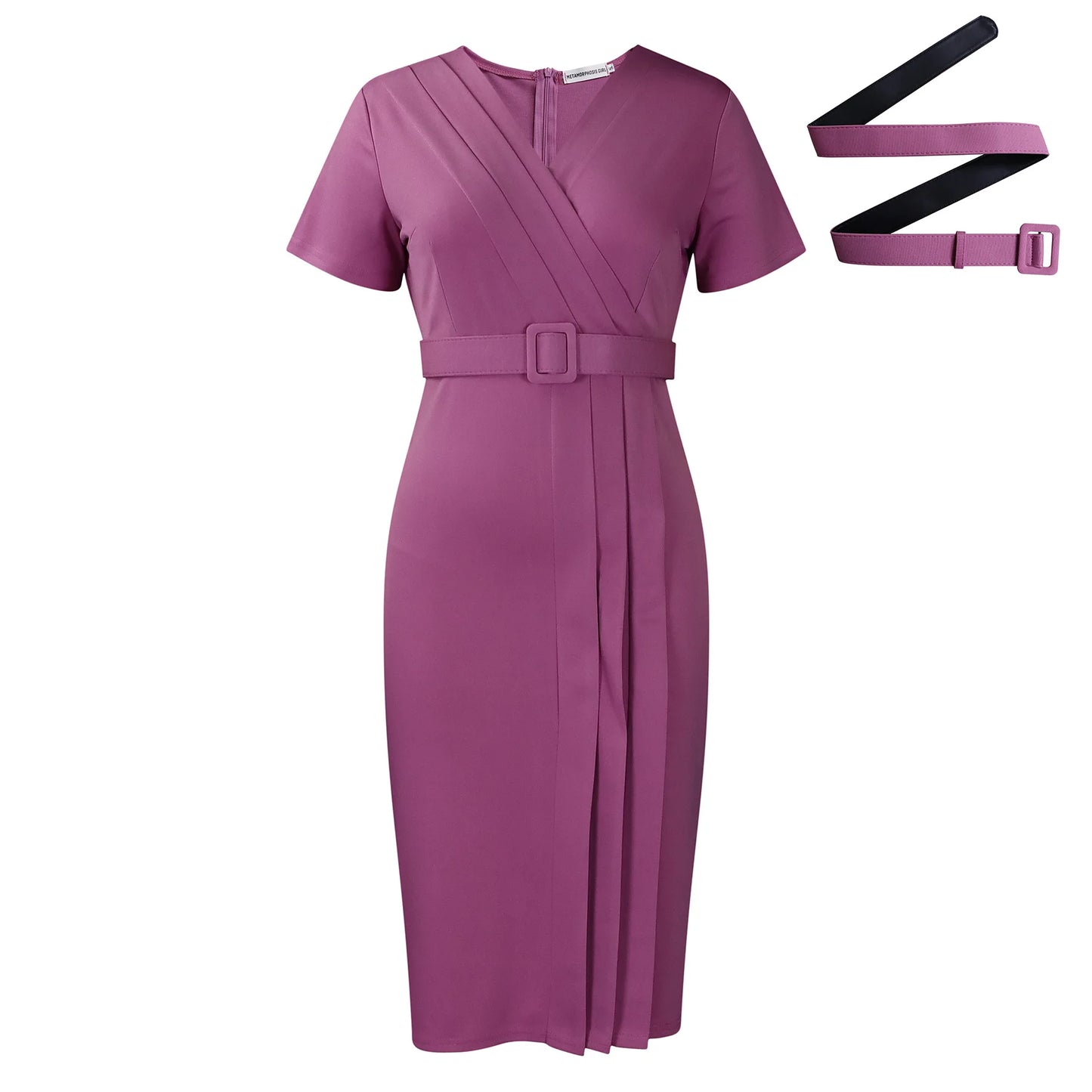 Women's Elegant Midi Dress – V Neck Short Sleeve Belted Waist Workwear Style