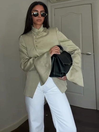 Ruffle Stand Collar Asymmetric Blazer | Wovetsa