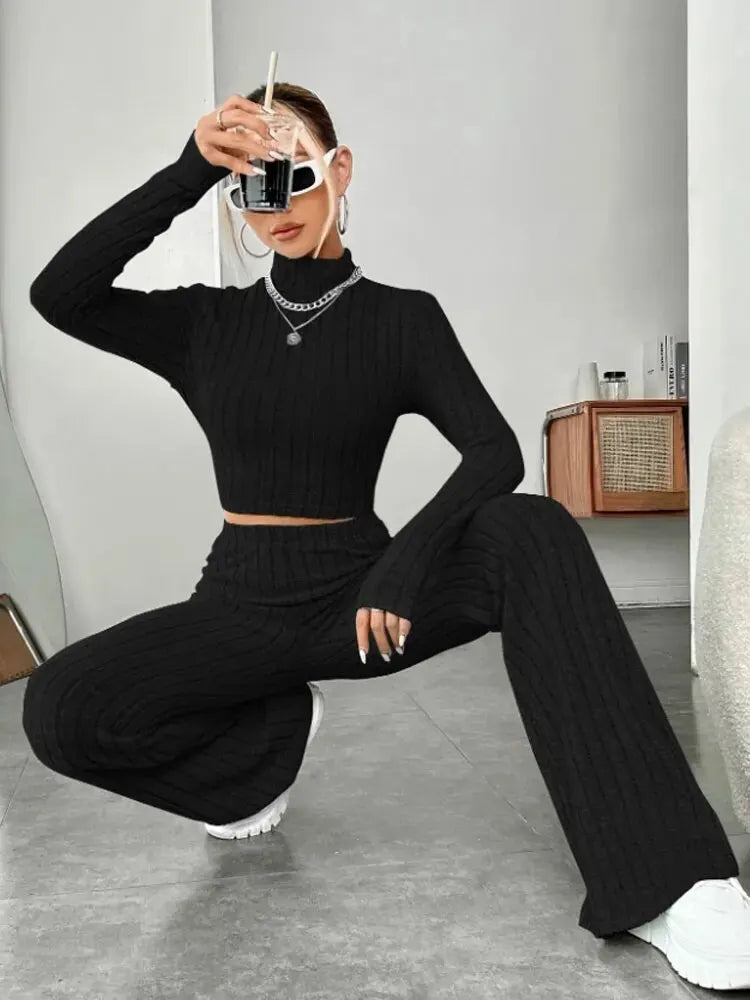Stand Collar Crop Top & Trumpet Pants Set | Wovetsa