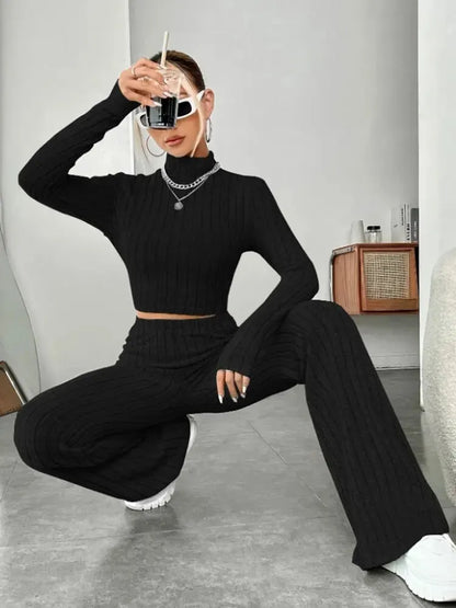 Stand Collar Crop Top & Trumpet Pants Set | Wovetsa