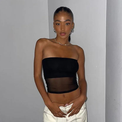 Y2K Mesh Strapless Off-Shoulder Crop Top | Wovetsa
