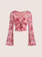 Y2K Floral Mesh Flare Sleeve Top | Wovetsa