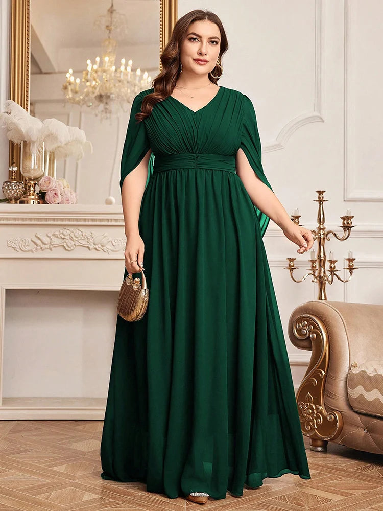 Plus Size V-Neck Flare Sleeve Formal Maxi Dress | Wovetsa