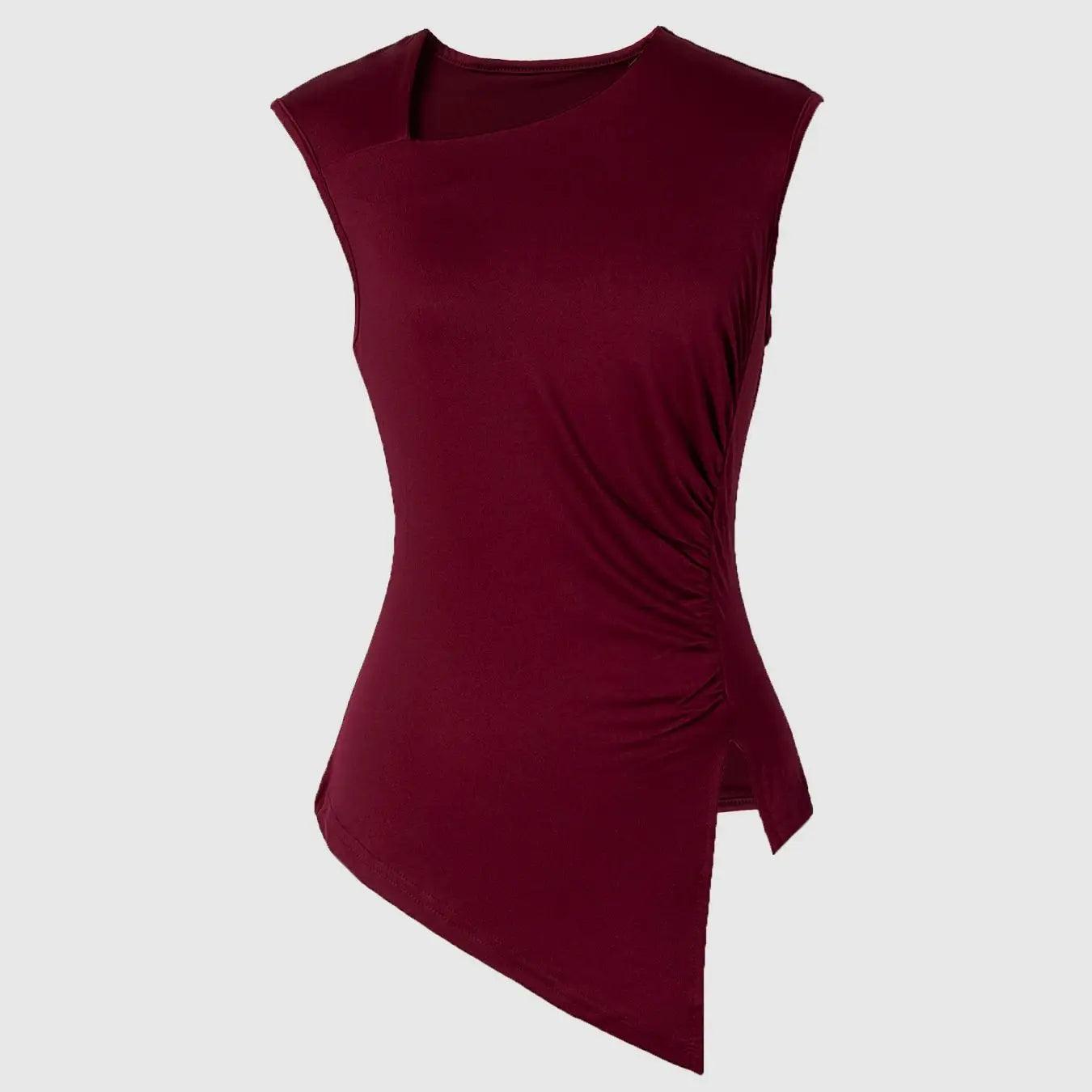 Burgundy Ruched Asymmetric Tank Top | Wovetsa