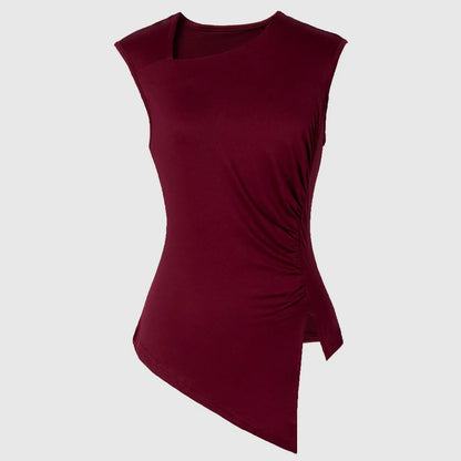 Burgundy Ruched Asymmetric Tank Top | Wovetsa