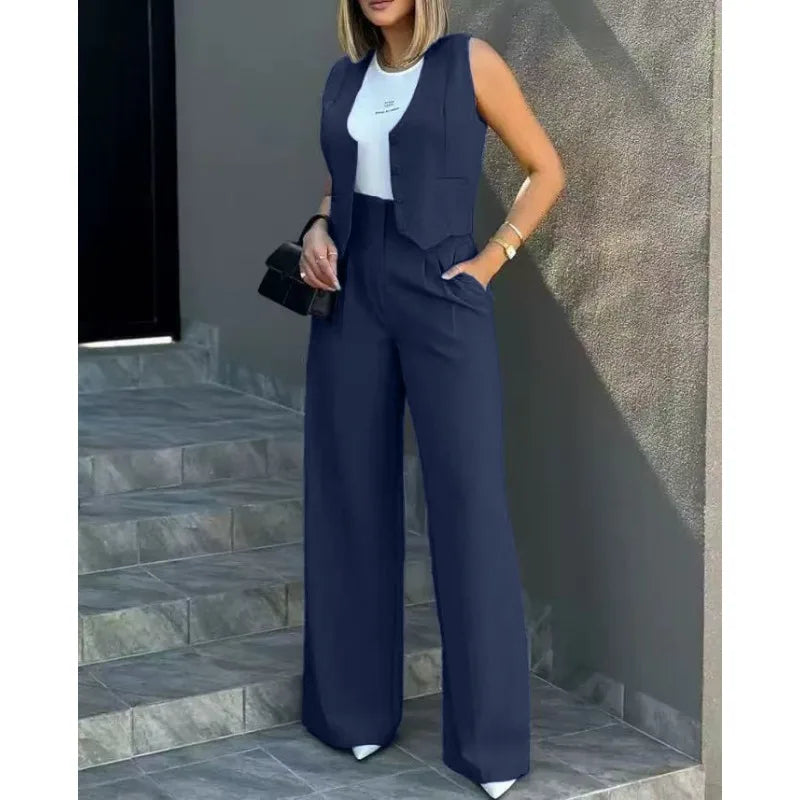Sleeveless Vest & Wide Leg Pants Set | Wovetsa