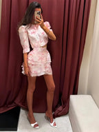 Floral Print Puff Sleeve Crop Top Layered Cake Skirt Two Piece Set French Style Waist Cinching Slimming for Women