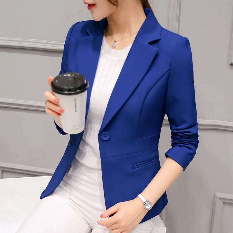 Women Slim One Button Blazers Autumn Spring Female Pocket Long Sleeve Solid Color Korean OL Workwear Business Blazer Coats