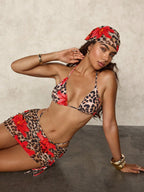 Sexy Pink Floral Leopard Print Bikini 2026 Women Push Up Mesh Skirt Band 4 Piece Swimsuit Beach Bathing Suit Holiday Swimwear