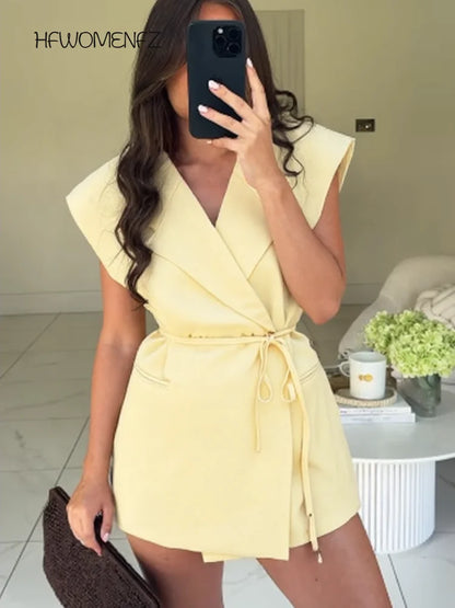 Office Sleeveless Lace Up Blazer Women Party Solid Turn-down Collar Button Blazers Female 2026 SPpring Summer Evening Coat Lady