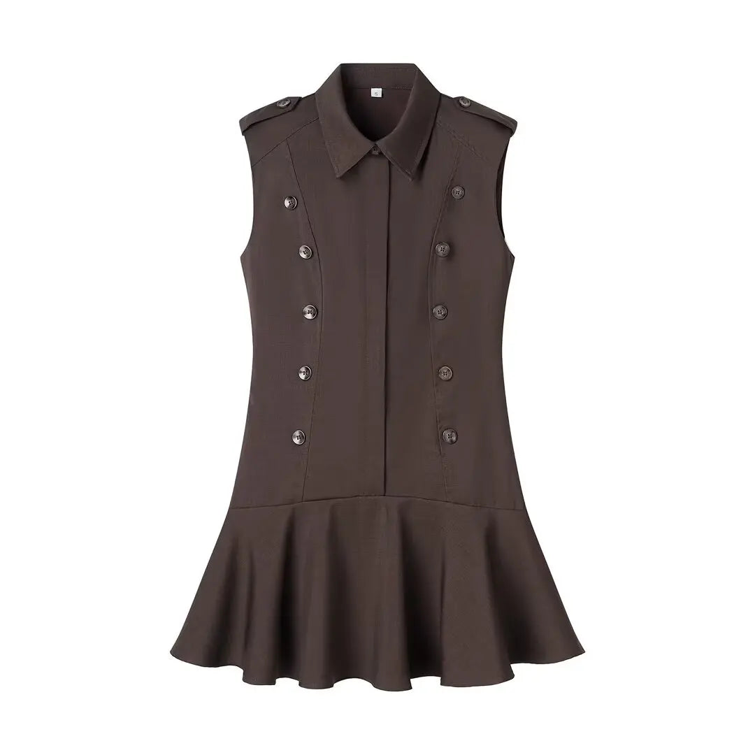KONDALA Double-Breasted Slim Short Dress Women's Casual Lapel Sleeveless Dress 2026 Spring Summer Trendy Elegant Lady Mini Dress