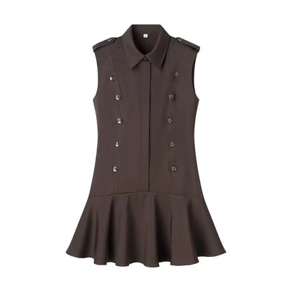 KONDALA Double-Breasted Slim Short Dress Women's Casual Lapel Sleeveless Dress 2026 Spring Summer Trendy Elegant Lady Mini Dress