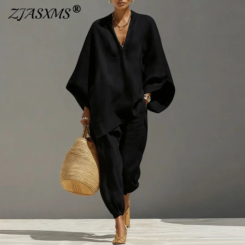 V-Neck Batwing Sleeve Top & Ankle Pants Set | Wovetsa