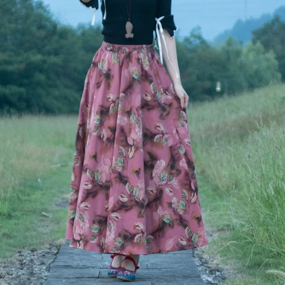 Bohemian Floral Print Cotton Linen Maxi Skirt | Wovetsa