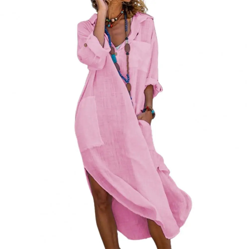 Women's Cotton Linen Shirt Dress – Oversized Casual Midi Dress with V-Neck