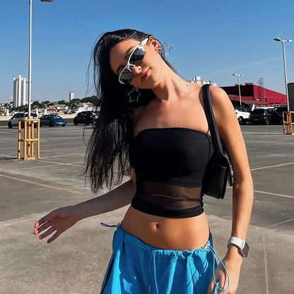 Y2K Mesh Strapless Off-Shoulder Crop Top | Wovetsa