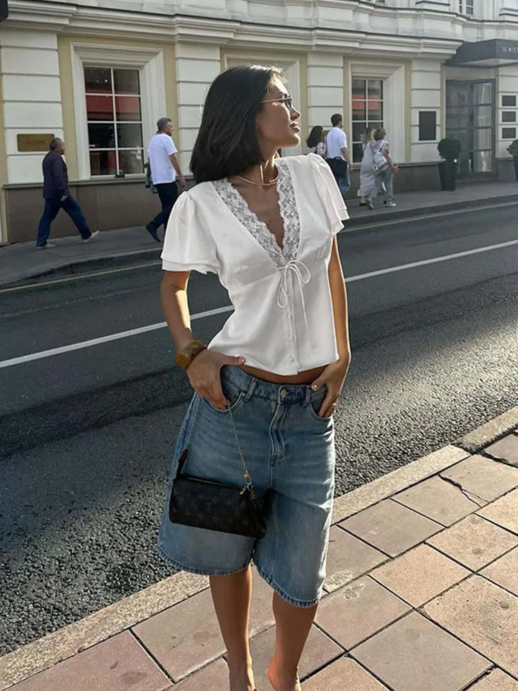 V-Neck Lace Satin Top | Wovetsa