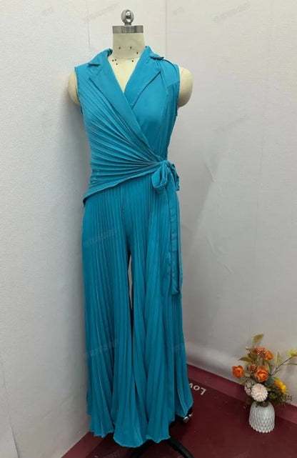 Lace-Up V-Neck Wide-Leg Jumpsuit | Wovetsa