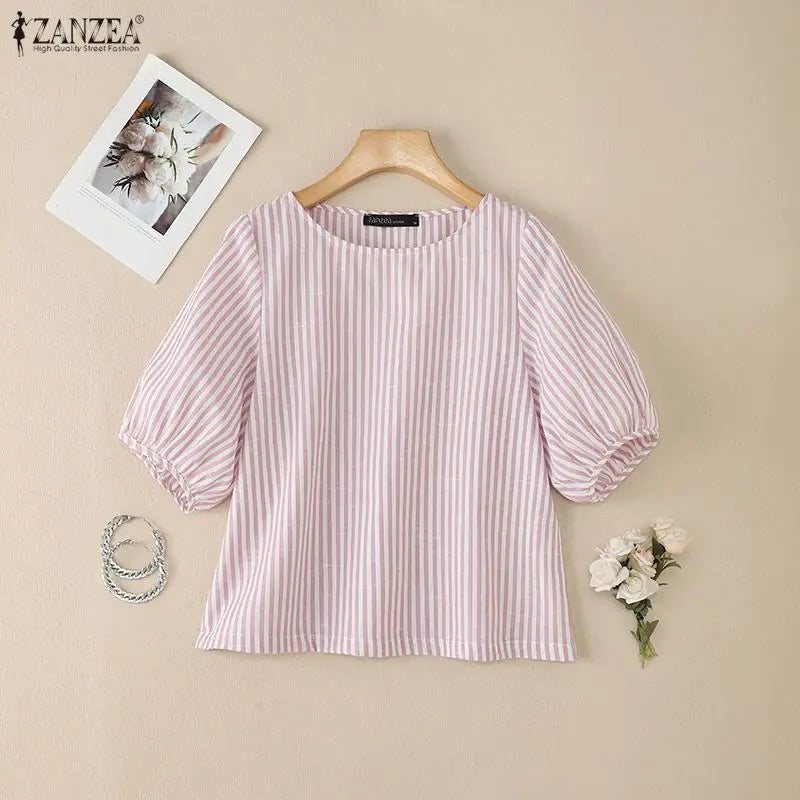 Striped Lantern Sleeve Blouse | Wovetsa
