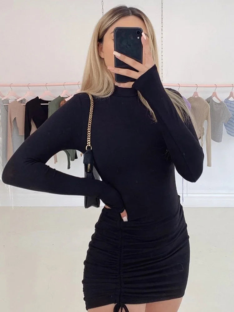 Ruched Turtleneck Bandage Bodycon Mini Dress | Wovetsa